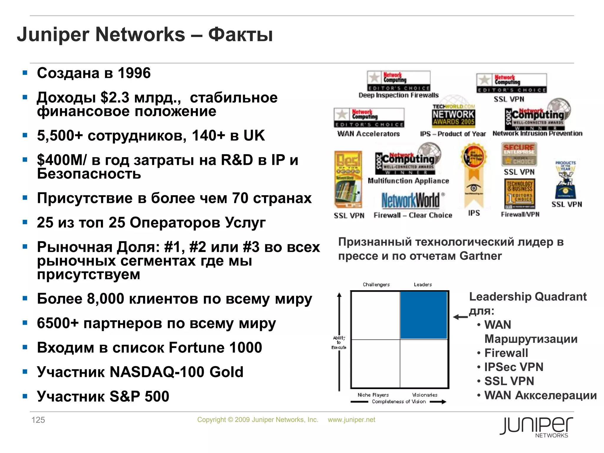 125 Copyright © 2009 Juniper Networks, Inc. www.juniper.net
Juniper Networks – Факты
 Создана в 1996
 Доходы $2.3 млрд., стабильное
финансовое положение
 5,500+ сотрудников, 140+ в UK
 $400M/ в год затраты на R&D в IP и
Безопасность
 Присутствие в более чем 70 странах
 25 из топ 25 Операторов Услуг
 Рыночная Доля: #1, #2 или #3 во всех
рыночных сегментах где мы
присутствуем
 Более 8,000 клиентов по всему миру
 6500+ партнеров по всему миру
 Входим в список Fortune 1000
 Участник NASDAQ-100 Gold
 Участник S&P 500
Leadership Quadrant
для:
• WAN
Маршрутизации
• Firewall
• IPSec VPN
• SSL VPN
• WAN Аккселерации
Признанный технологический лидер в
прессе и по отчетам Gartner
 