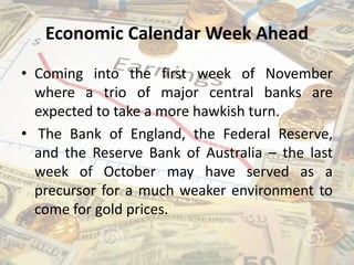Economic Calendar Week Ahead
• Coming into the first week of November
where a trio of major central banks are
expected to take a more hawkish turn.
• The Bank of England, the Federal Reserve,
and the Reserve Bank of Australia – the last
week of October may have served as a
precursor for a much weaker environment to
come for gold prices.
 