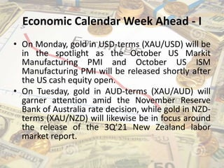 Economic Calendar Week Ahead - I
• On Monday, gold in USD-terms (XAU/USD) will be
in the spotlight as the October US Markit
Manufacturing PMI and October US ISM
Manufacturing PMI will be released shortly after
the US cash equity open.
• On Tuesday, gold in AUD-terms (XAU/AUD) will
garner attention amid the November Reserve
Bank of Australia rate decision, while gold in NZD-
terms (XAU/NZD) will likewise be in focus around
the release of the 3Q’21 New Zealand labor
market report.
 