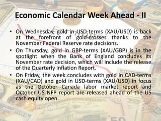 Economic Calendar Week Ahead - II
• On Wednesday, gold in USD-terms (XAU/USD) is back
at the forefront of gold-crosses thanks to the
November Federal Reserve rate decisions.
• On Thursday, gold in GBP-terms (XAU/GBP) is in the
spotlight when the Bank of England concludes its
November rate decision, which will include the release
of the Quarterly Inflation Report.
• On Friday, the week concludes with gold in CAD-terms
(XAU/CAD) and gold in USD-terms (XAU/USD) in focus
as the October Canada labor market report and
October US NFP report are released ahead of the US
cash equity open.
 