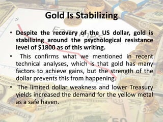 Gold Is Stabilizing
• Despite the recovery of the US dollar, gold is
stabilizing around the psychological resistance
level of $1800 as of this writing.
• This confirms what we mentioned in recent
technical analyses, which is that gold has many
factors to achieve gains, but the strength of the
dollar prevents this from happening.
• The limited dollar weakness and lower Treasury
yields increased the demand for the yellow metal
as a safe haven.
 
