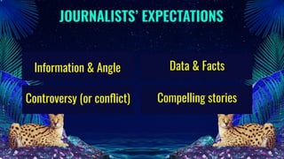 JOURNALISTS’ EXPECTATIONS
Information & Angle Data & Facts
Controversy (or conﬂict) Compelling stories
 