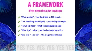 A FRAMEWORK
Write down these key messages
“What we are” - your business in 100 words
“Our operating philosophy" - your com...