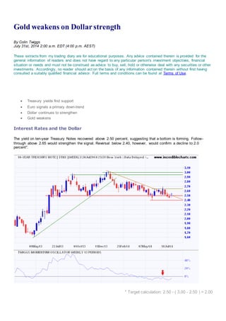 Gold weakens on Dollarstrength
By Colin Twiggs
July 31st, 2014 2:00 a.m. EDT (4:00 p.m. AEST)
These extracts from my trading diary are for educational purposes. Any advice contained therein is provided for the
general information of readers and does not have regard to any particular person's investment objectives, financial
situation or needs and must not be construed as advice to buy, sell, hold or otherwise deal with any securities or other
investments. Accordingly, no reader should act on the basis of any information contained therein without first having
consulted a suitably qualified financial advisor. Full terms and conditions can be found at Terms of Use.
 Treasury yields find support
 Euro signals a primary down-trend
 Dollar continues to strengthen
 Gold weakens
Interest Rates and the Dollar
The yield on ten-year Treasury Notes recovered above 2.50 percent, suggesting that a bottom is forming. Follow-
through above 2.65 would strengthen the signal. Reversal below 2.40, however, would confirm a decline to 2.0
percent*.
* Target calculation: 2.50 - ( 3.00 - 2.50 ) = 2.00
 