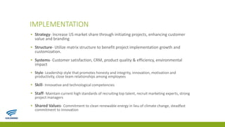 IMPLEMENTATION
▪ Strategy- Increase US market share through initiating projects, enhancing customer
value and branding
▪ Structure- Utilize matrix structure to benefit project implementation growth and
customization.
▪ Systems- Customer satisfaction, CRM, product quality & efficiency, environmental
impact
▪ Style- Leadership style that promotes honesty and integrity, innovation, motivation and
productivity, close team relationships among employees
▪ Skill- Innovative and technological competencies
▪ Staff- Maintain current high standards of recruiting top talent, recruit marketing experts, strong
project managers
▪ Shared Values- Commitment to clean renewable energy in lieu of climate change, steadfast
commitment to innovation
 