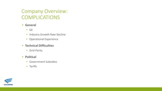 Company Overview:
COMPLICATIONS
▪ General
▪ GE
▪ Industry Growth Rate Decline
▪ Operational Experience
▪ Technical Difficulties
▪ Grid Parity
▪ Political
▪ Government Subsidies
▪ Tariffs
 