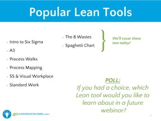 Popular Lean Tools
•  Intro to Six Sigma
•  A3
•  Process Walks
•  Process Mapping
•  5S & Visual Workplace
•  Standard Work
} We’ll cover these
two today!
•  The 8 Wastes
•  Spaghetti Chart
POLL:
If you had a choice, which
Lean tool would you like to
learn about in a future
webinar?
13!
 