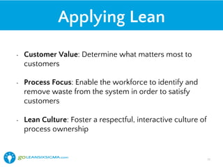 Applying Lean
•  Customer Value: Determine what matters most to
customers
•  Process Focus: Enable the workforce to identify and
remove waste from the system in order to satisfy
customers
•  Lean Culture: Foster a respectful, interactive culture of
process ownership
22!
 