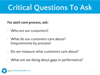 Critical Questions To Ask
For each core process, ask:
•  Who are our customers?
•  What do our customers care about?
(requirements by process)
•  Do we measure what customers care about?
•  What are we doing about gaps in performance?
24!
 