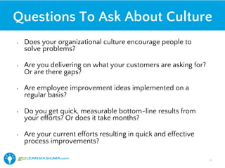 Questions To Ask About Culture
•  Does your organizational culture encourage people to
solve problems?
•  Are you delivering on what your customers are asking for?
Or are there gaps?
•  Are employee improvement ideas implemented on a
regular basis?
•  Do you get quick, measurable bottom-line results from
your efforts? Or does it take months?
•  Are your current efforts resulting in quick and effective
process improvements?
31!
 