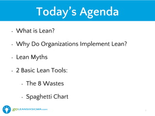Today’s Agenda
•  What is Lean?
•  Why Do Organizations Implement Lean?
•  Lean Myths
•  2 Basic Lean Tools:
•  The 8 Wastes
•  Spaghetti Chart
7!
 