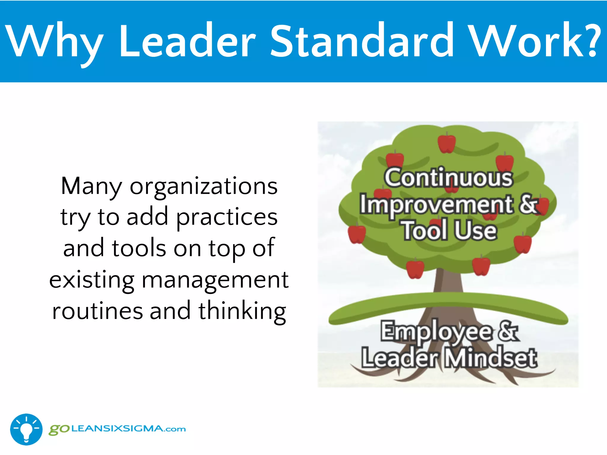 Many organizations
try to add practices
and tools on top of
existing management
routines and thinking
Why Leader Standard Work?
 