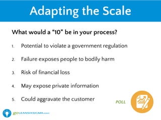 Adapting the Scale
What would a “10” be in your process?
1. Potential to violate a government regulation
2. Failure exposes people to bodily harm
3. Risk of financial loss
4. May expose private information
5. Could aggravate the customer POLL
 