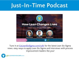 Just-In-Time Podcast
Tune in at GoLeanSixSigma.com/cafe for the latest Lean Six Sigma
news, easy ways to apply Lean Six Sigma and interviews with process
improvement leaders like you!
 