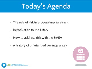 Today’s Agenda
• The role of risk in process improvement
• Introduction to the FMEA
• How to address risk with the FMEA
• A history of unintended consequences
 