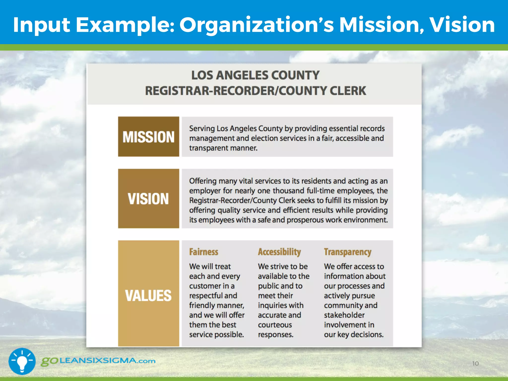 Input Example: Organization’s Mission, Vision
10
 