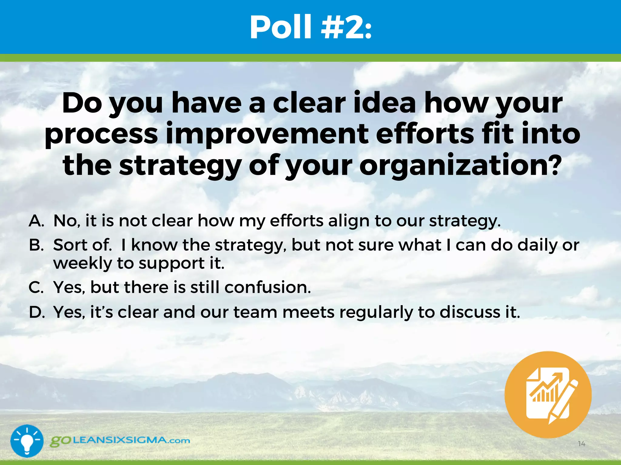 Poll #2:
Do you have a clear idea how your
process improvement efforts fit into
the strategy of your organization?
A. No, it is not clear how my efforts align to our strategy.
B. Sort of. I know the strategy, but not sure what I can do daily or
weekly to support it.
C. Yes, but there is still confusion.
D. Yes, it’s clear and our team meets regularly to discuss it.
14
 