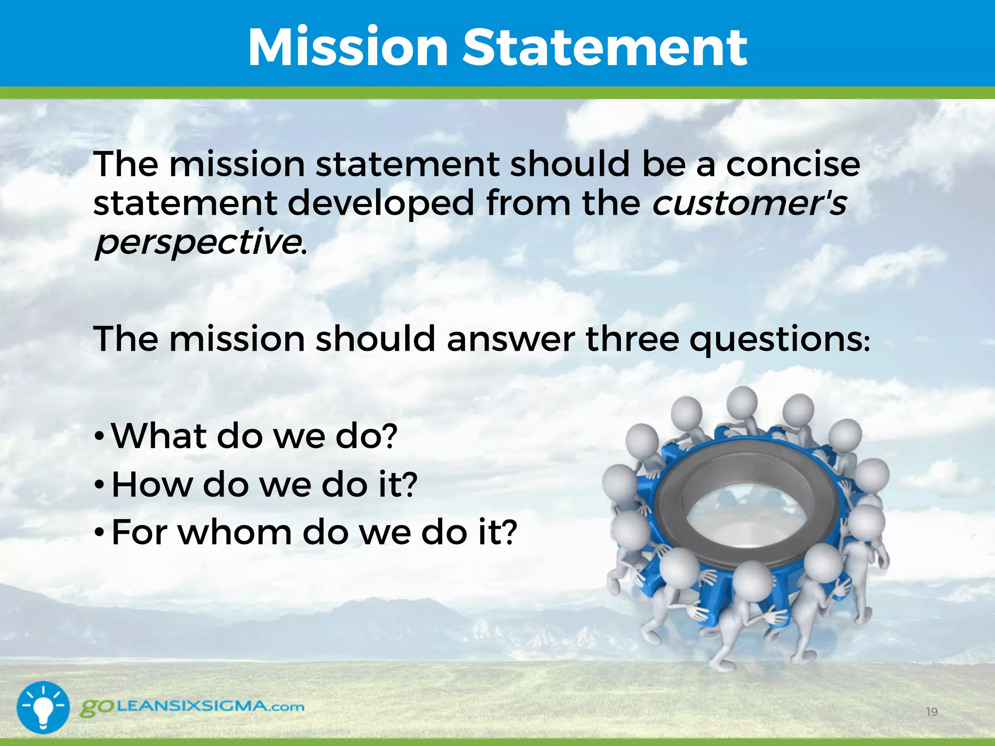 Mission Statement
The mission statement should be a concise
statement developed from the customer's
perspective.
The mission should answer three questions:
•What do we do?
•How do we do it?
•For whom do we do it?
19
 