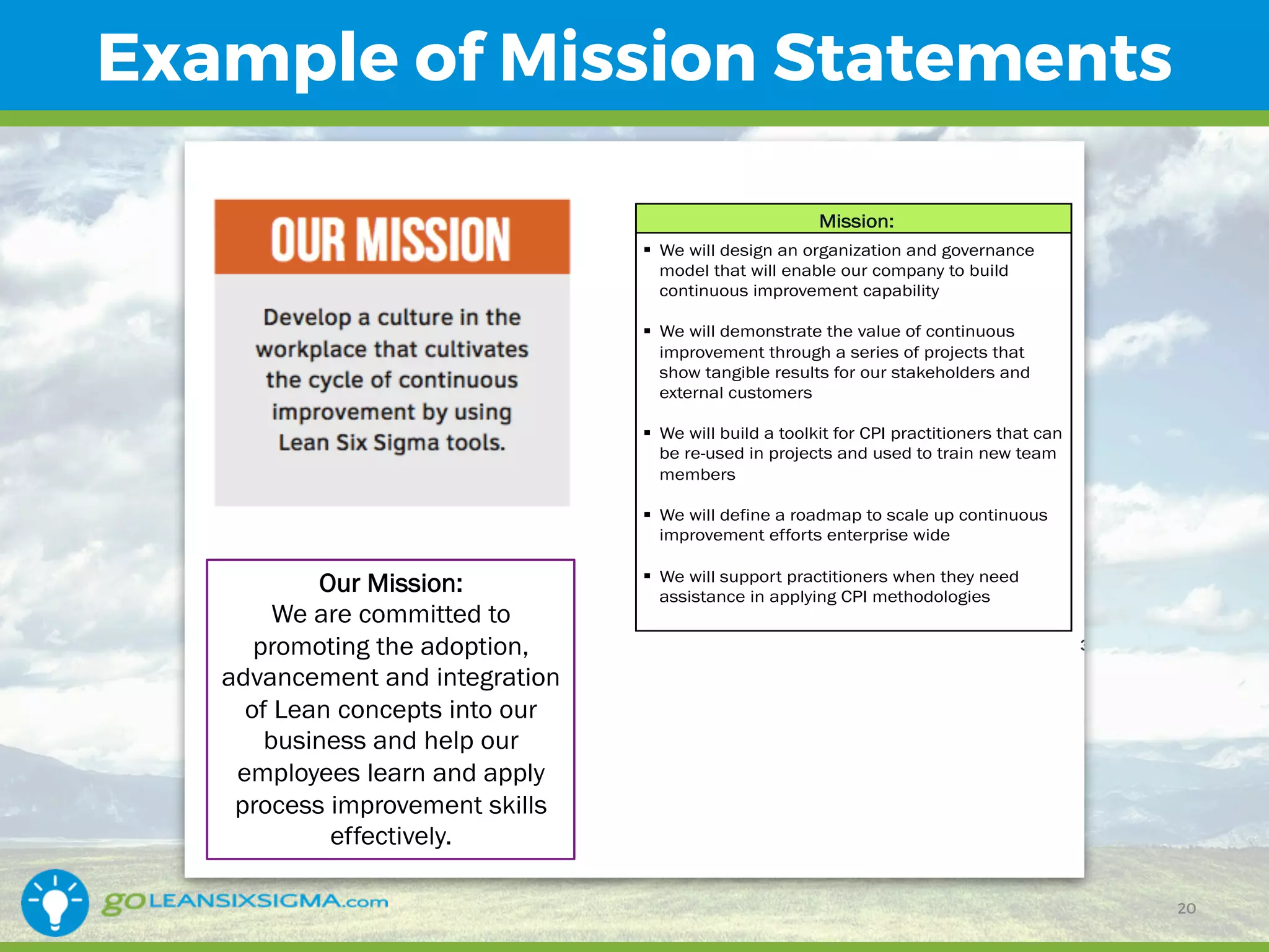 Example of Mission Statements
2
32
Mission:
§  We will design an organization and governance
model that will enable our company to build
continuous improvement capability
§  We will demonstrate the value of continuous
improvement through a series of projects that
show tangible results for our stakeholders and
external customers
§  We will build a toolkit for CPI practitioners that can
be re-used in projects and used to train new team
members
§  We will define a roadmap to scale up continuous
improvement efforts enterprise wide
§  We will support practitioners when they need
assistance in applying CPI methodologies
Vision:
We are the continuous
improvement arm of our
company.
Over time, we want to instill
a continuous improvement
mentality and culture in the
organization – a new way
of thinking
Our Mission:
We are committed to
promoting the adoption,
advancement and integration
of Lean concepts into our
business and help our
employees learn and apply
process improvement skills
effectively.
20
 