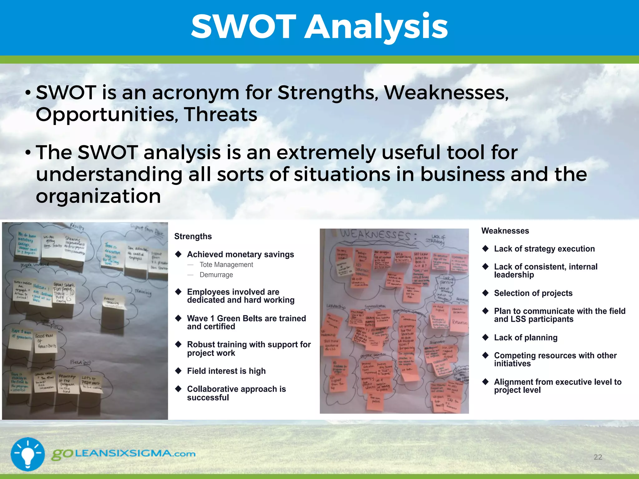 SWOT Analysis
• SWOT is an acronym for Strengths, Weaknesses,
Opportunities, Threats
• The SWOT analysis is an extremely useful tool for
understanding all sorts of situations in business and the
organization
22
38
OPEX Program Strengths
Strengths
u  Achieved monetary savings
—  Tote Management
—  Demurrage
u  Employees involved are
dedicated and hard working
u  Wave 1 Green Belts are trained
and certified
u  Robust training with support for
project work
u  Field interest is high
u  Collaborative approach is
successful
39
OPEX Program Weaknesses
Weaknesses
u  Lack of strategy execution
u  Lack of consistent, internal
leadership
u  Selection of projects
u  Plan to communicate with the field
and LSS participants
u  Lack of planning
u  Competing resources with other
initiatives
u  Alignment from executive level to
project level
 