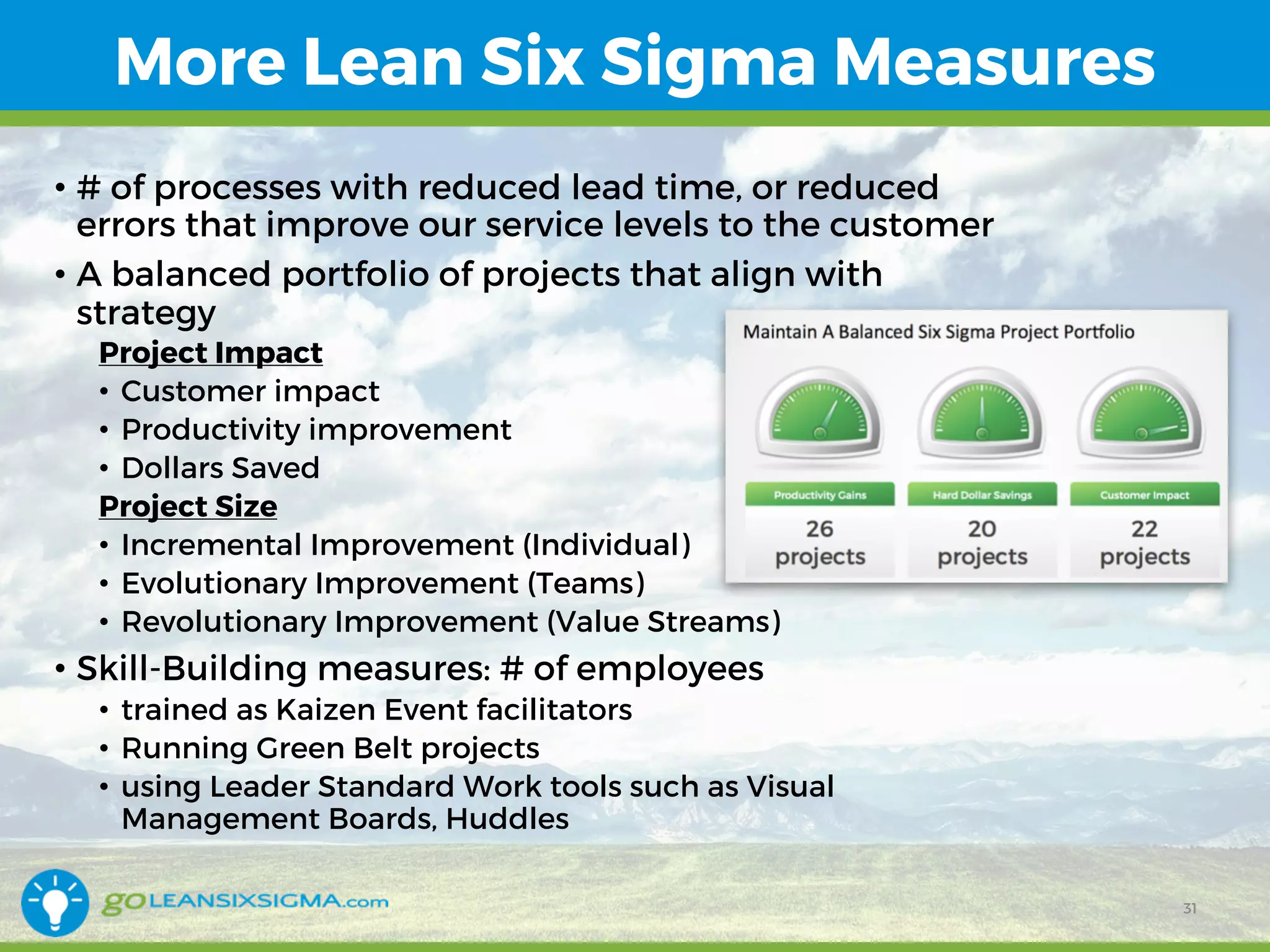 More Lean Six Sigma Measures
• # of processes with reduced lead time, or reduced
errors that improve our service levels to the customer
• A balanced portfolio of projects that align with
strategy
Project Impact
• Customer impact
• Productivity improvement
• Dollars Saved
Project Size
• Incremental Improvement (Individual)
• Evolutionary Improvement (Teams)
• Revolutionary Improvement (Value Streams)
• Skill-Building measures: # of employees
• trained as Kaizen Event facilitators
• Running Green Belt projects
• using Leader Standard Work tools such as Visual
Management Boards, Huddles
31
 