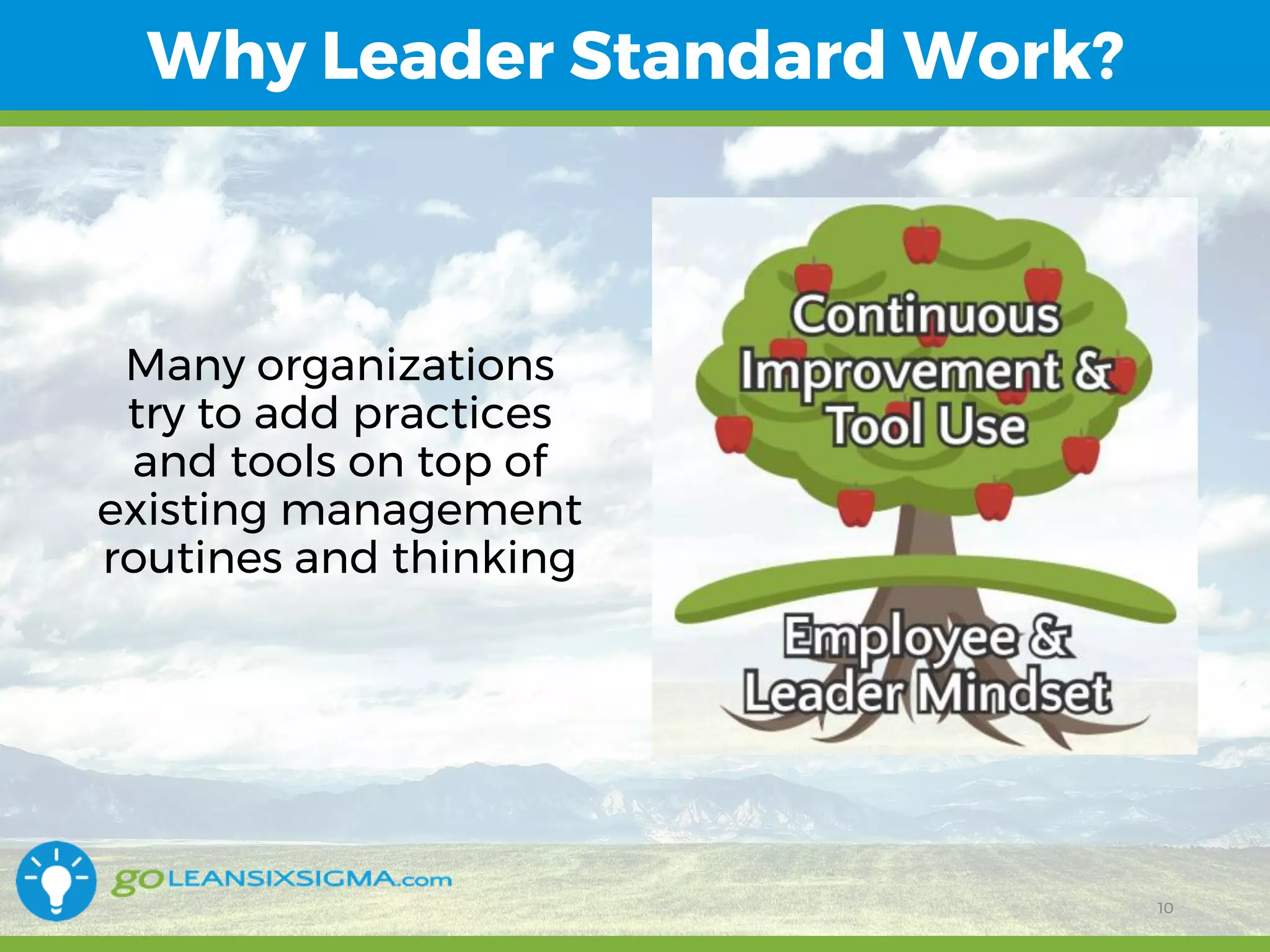 11/1/2017 10
Why Leader Standard Work?
10
Many organizations
try to add practices
and tools on top of
existing management
routines and thinking
 