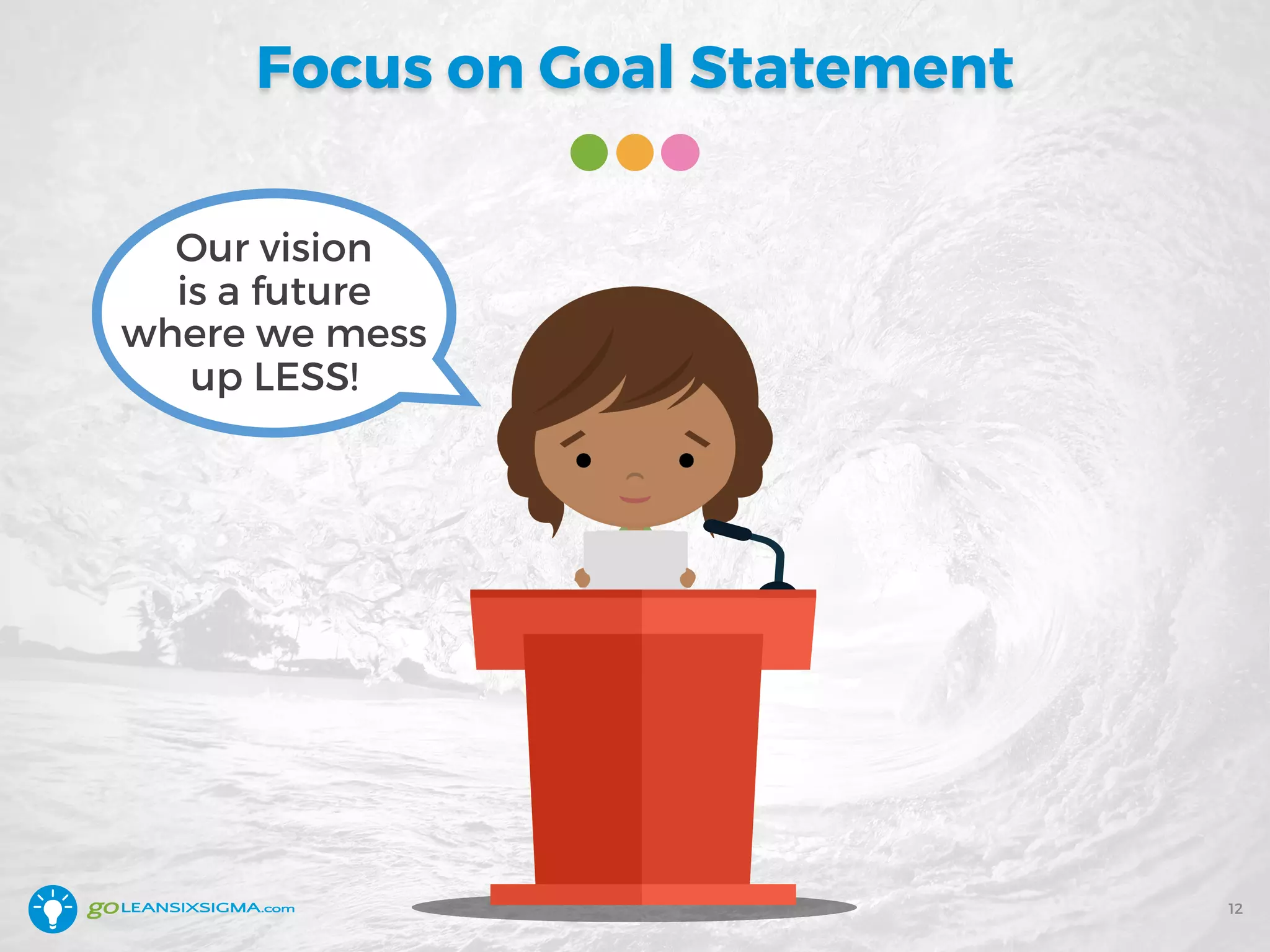 Focus on Goal Statement
Our vision
is a future
where we mess
up LESS!
12
 
