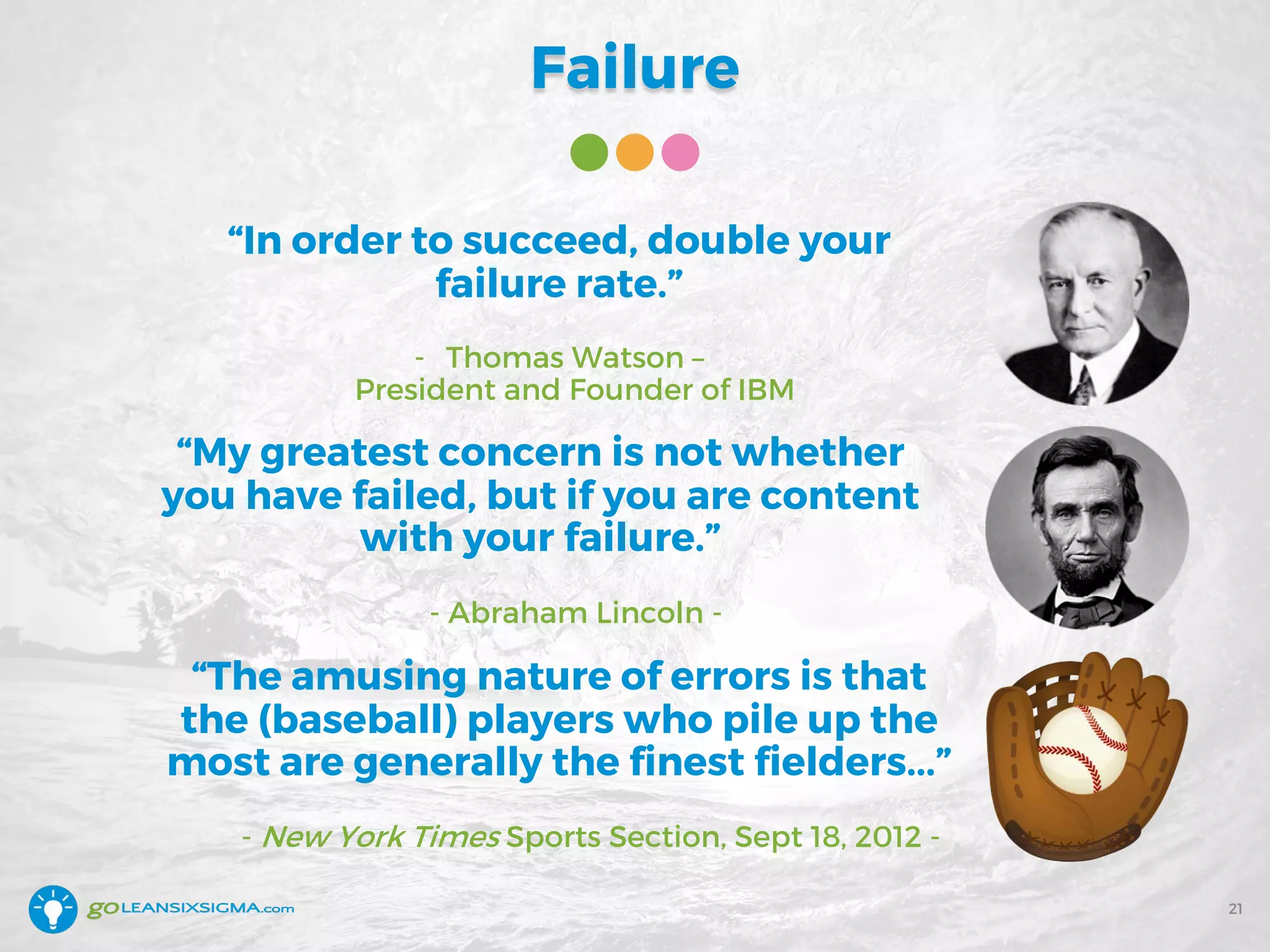 Failure
“In order to succeed, double your
failure rate.”
- Thomas Watson –
President and Founder of IBM
21
“My greatest concern is not whether
you have failed, but if you are content
with your failure.”
- Abraham Lincoln -
“The amusing nature of errors is that
the (baseball) players who pile up the
most are generally the finest fielders...”
- New York Times Sports Section, Sept 18, 2012 -
 