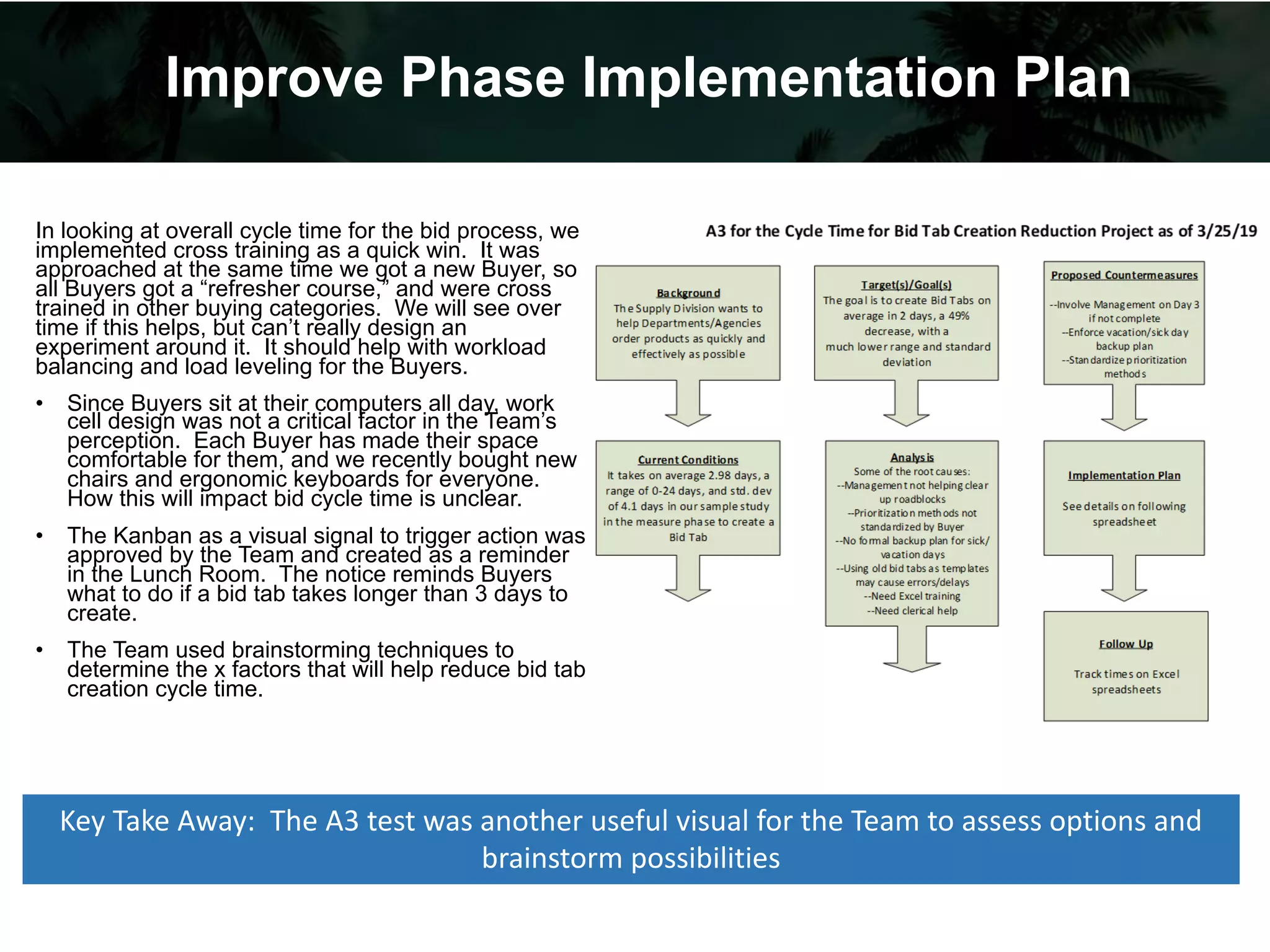 Improve Phase Implementation Plan
In looking at overall cycle time for the bid process, we
implemented cross training as a quick win. It was
approached at the same time we got a new Buyer, so
all Buyers got a “refresher course,” and were cross
trained in other buying categories. We will see over
time if this helps, but can’t really design an
experiment around it. It should help with workload
balancing and load leveling for the Buyers.
• Since Buyers sit at their computers all day, work
cell design was not a critical factor in the Team’s
perception. Each Buyer has made their space
comfortable for them, and we recently bought new
chairs and ergonomic keyboards for everyone.
How this will impact bid cycle time is unclear.
• The Kanban as a visual signal to trigger action was
approved by the Team and created as a reminder
in the Lunch Room. The notice reminds Buyers
what to do if a bid tab takes longer than 3 days to
create.
• The Team used brainstorming techniques to
determine the x factors that will help reduce bid tab
creation cycle time.
Key Take Away: The A3 test was another useful visual for the Team to assess options and
brainstorm possibilities
 
