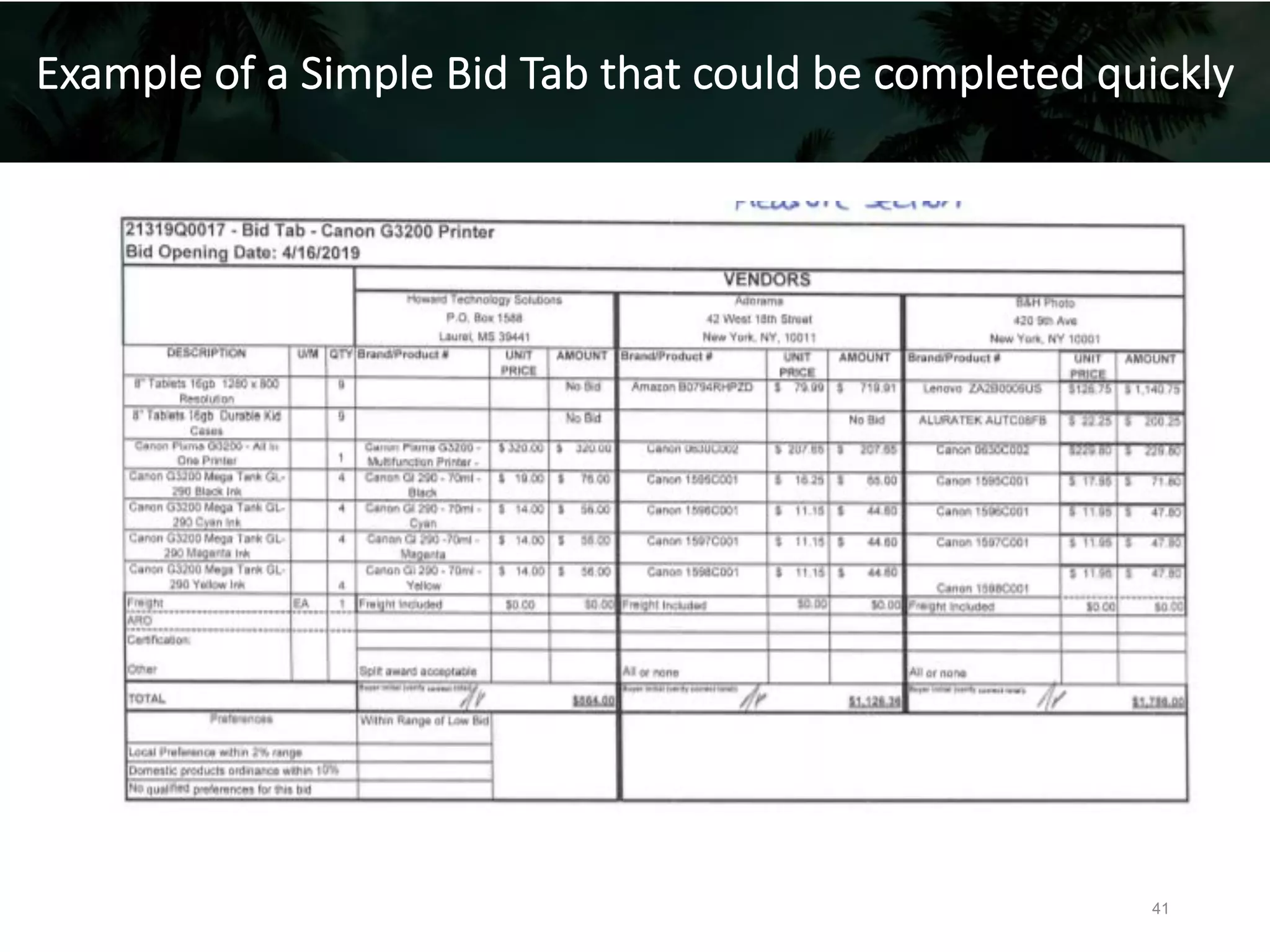 Example of a Simple Bid Tab that could be completed quickly
41
 