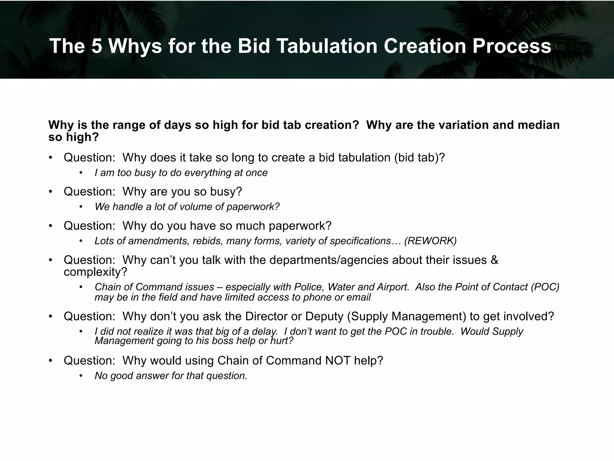 The 5 Whys for the Bid Tabulation Creation Process
Why is the range of days so high for bid tab creation? Why are the variation and median
so high?
• Question: Why does it take so long to create a bid tabulation (bid tab)?
• I am too busy to do everything at once
• Question: Why are you so busy?
• We handle a lot of volume of paperwork?
• Question: Why do you have so much paperwork?
• Lots of amendments, rebids, many forms, variety of specifications… (REWORK)
• Question: Why can’t you talk with the departments/agencies about their issues &
complexity?
• Chain of Command issues – especially with Police, Water and Airport. Also the Point of Contact (POC)
may be in the field and have limited access to phone or email
• Question: Why don’t you ask the Director or Deputy (Supply Management) to get involved?
• I did not realize it was that big of a delay. I don’t want to get the POC in trouble. Would Supply
Management going to his boss help or hurt?
• Question: Why would using Chain of Command NOT help?
• No good answer for that question.
 