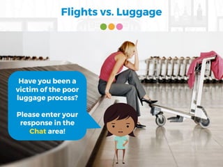Flights vs. Luggage
Have you been a
victim of the poor
luggage process?
Please enter your
response in the
Chat area!
 