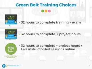 Green Belt Training Choices
• 32 hours to complete training + exam
• 32 hours to complete, + project hours
• 32 hours to complete + project hours +
Live instructor-led sessions online
18
ONLINE GREEN BELT
WORKSHOP
 