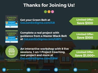 Thanks for Joining Us!
@GoLeanSixSigma/company/GoLeanSixSigma-com /GoLeanSixSigma 35
Get your Green Belt at
GoLeanSixSigma.com/GB
ONLINE GREEN BELT
WORKSHOP
Complete a real project with
guidance from a Master Black Belt
at GoLeanSixSigma.com/GBPC
An interactive workshop with 8 live
sessions, 1-on-1 Project Coaching,
real project and more at
GoLeanSixSigma.com/GBW
Limited Offer:
Save $300
Limited Offer:
Save $300
Limited Offer:
Save $1,000+
 