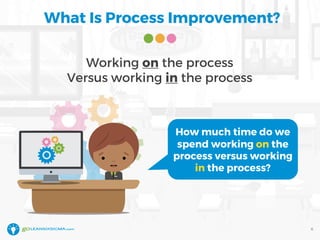 What Is Process Improvement?
Working on the process
Versus working in the process
6
How much time do we
spend working on the
process versus working
in the process?
 