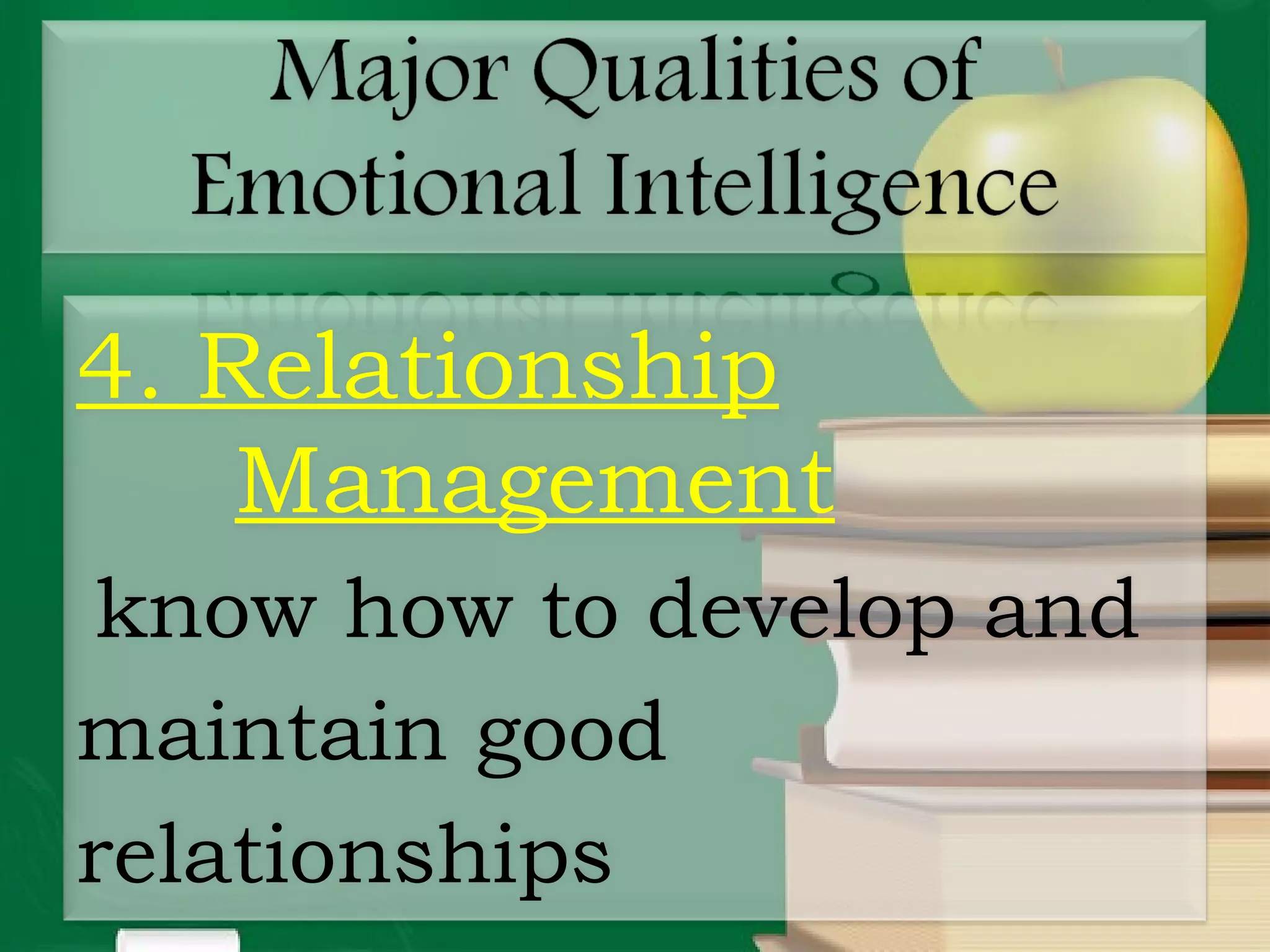 4. Relationship
Management
know how to develop and
maintain good
relationships