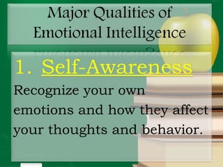 1. Self-Awareness
Recognize your own
emotions and how they affect
your thoughts and behavior.
 