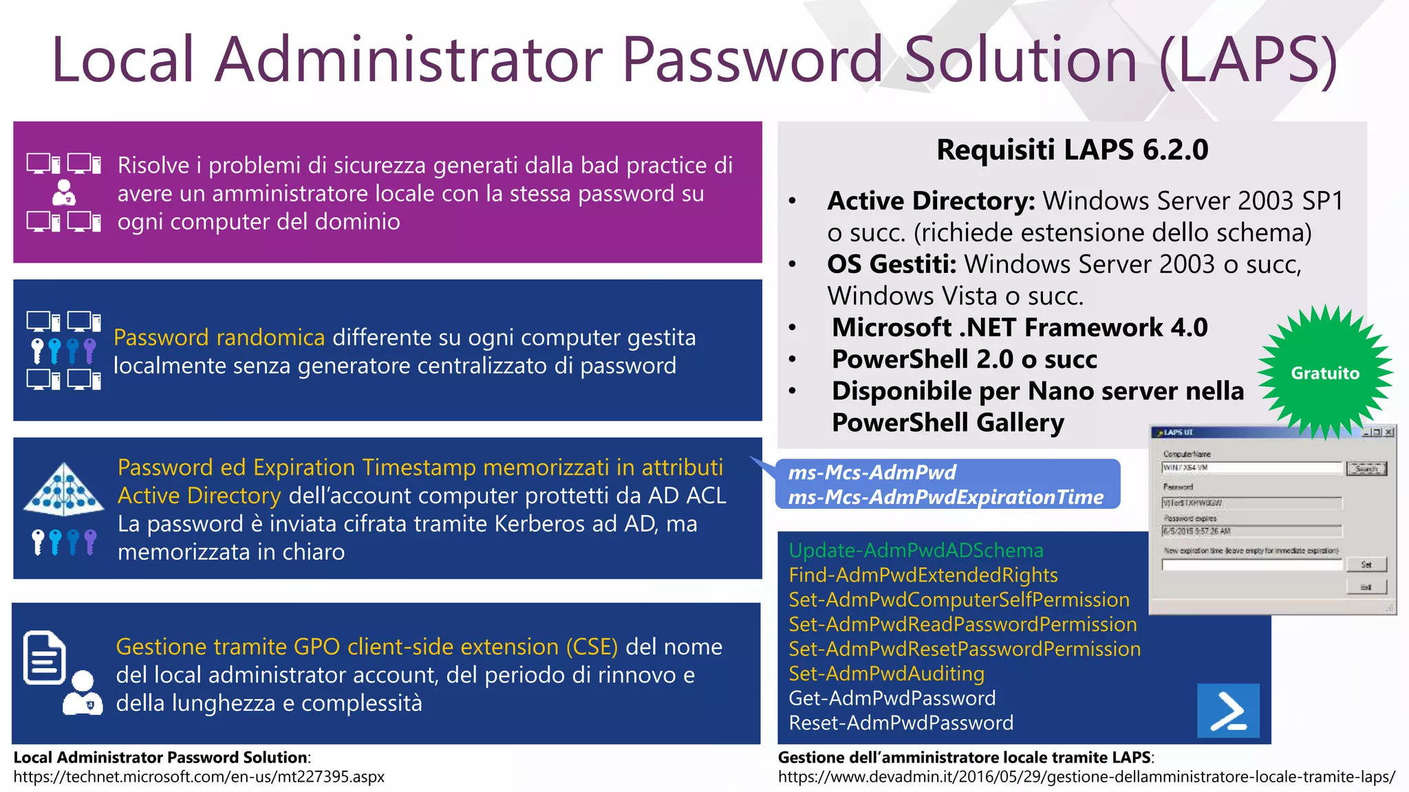e
Local Administrator Password Solution (LAPS)
Risolve i problemi di sicurezza generati dalla bad practice di
avere un amministratore locale con la stessa password su
ogni computer del dominio
Password randomica differente su ogni computer gestita
localmente senza generatore centralizzato di password
Password ed Expiration Timestamp memorizzati in attributi
Active Directory dell’account computer prottetti da AD ACL
La password è inviata cifrata tramite Kerberos ad AD, ma
memorizzata in chiaro
Gestione tramite GPO client-side extension (CSE) del nome
del local administrator account, del periodo di rinnovo e
della lunghezza e complessità
Requisiti LAPS 6.2.0
• Active Directory: Windows Server 2003 SP1
o succ. (richiede estensione dello schema)
• OS Gestiti: Windows Server 2003 o succ,
Windows Vista o succ.
• Microsoft .NET Framework 4.0
• PowerShell 2.0 o succ
• Disponibile per Nano server nella
PowerShell Gallery
ms-Mcs-AdmPwd
ms-Mcs-AdmPwdExpirationTime
Update-AdmPwdADSchema
Find-AdmPwdExtendedRights
Set-AdmPwdComputerSelfPermission
Set-AdmPwdReadPasswordPermission
Set-AdmPwdResetPasswordPermission
Set-AdmPwdAuditing
Get-AdmPwdPassword
Reset-AdmPwdPassword
Local Administrator Password Solution:
https://technet.microsoft.com/en-us/mt227395.aspx
Gestione dell’amministratore locale tramite LAPS:
https://www.devadmin.it/2016/05/29/gestione-dellamministratore-locale-tramite-laps/
Gratuito
 