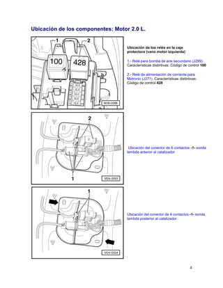 4
Ubicación de los componentes: Motor 2.0 L.
Ubicación de los relés en la caja
protectora (vano motor izquierda)
1.- Relé ...