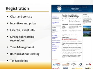 Registration
 Clear and concise

 Incentives and prizes

 Essential event info

 Strong sponsorship
  recognition

 Time Management

 Reconciliation/Tracking

 Tax Receipting
 