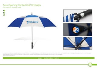 73
Auto Opening Vented Golf Umbrella
MOQ 6 | DISPATCHES IN 2 WEEKS
Auto opening double canopy umbrella, which includes full colour print to 2 white panels and to the 24mm resin dome in the bottom of the matt coated plastic handle. Upgrade available to print all 4 white panels.
Open diameter is 135cm (54”) Arc is 150cm (60”). Fabric is 190T Polyester. Shaft is made of 14mm fibreglass. Ribs are made of 4mm fibreglass.
Plain colour matched sleeve.
Code: UMRB1005 - Royal Blue / White
 
