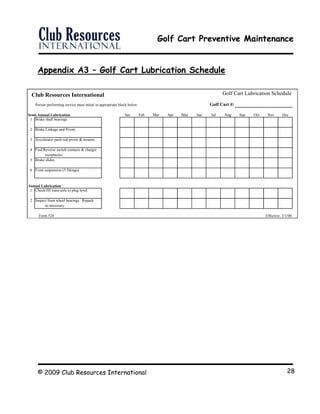 Golf Cart Preventive Maintenance
© 2009 Club Resources International 28
Appendix A3 – Golf Cart Lubrication Schedule
T Golf Cart Lubrication Schedule
Person performing service must initial in appropriate block below. Golf Cart #:
Semi-Annual Lubrication Jan Feb Mar Apr May Jun Jul Aug Sep Oct Nov Dec
1 Brake shaft bearings.
2 Brake Linkage and Pivots
3 Accelerator push rod pivots & mounts.
4 Fwd/Reverse switch contacts & charge
he Point Lake and Golf Club
r
receptacles.
5 Brake slides.
6 Front suspension (5 fittings)
Annual Lubrication
1 Check/fill trans-axle to plug level.
2 Inspect front wheel bearings. Repack
as necessary.
PLGC Form 524 Effective: 3/1/00
Club Resources International
 