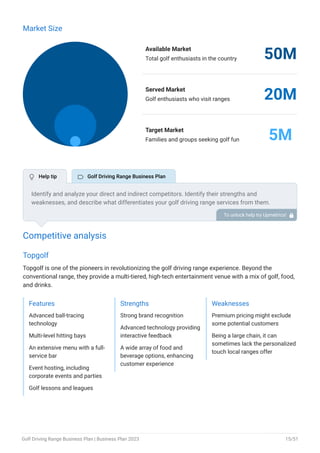 Market Size
Available Market
Total golf enthusiasts in the country 50M
Served Market
Golf enthusiasts who visit ranges 20M
Target Market
Families and groups seeking golf fun 5M
Competitive analysis
Topgolf
Topgolf is one of the pioneers in revolutionizing the golf driving range experience. Beyond the
conventional range, they provide a multi-tiered, high-tech entertainment venue with a mix of golf, food,
and drinks.
Features
Advanced ball-tracing
technology
Multi-level hitting bays
An extensive menu with a full-
service bar
Event hosting, including
corporate events and parties
Golf lessons and leagues
Strengths
Strong brand recognition
Advanced technology providing
interactive feedback
A wide array of food and
beverage options, enhancing
customer experience
Weaknesses
Premium pricing might exclude
some potential customers
Being a large chain, it can
sometimes lack the personalized
touch local ranges offer
Identify and analyze your direct and indirect competitors. Identify their strengths and
weaknesses, and describe what differentiates your golf driving range services from them.
Point out how you have a competitive edge in the market. To unlock help try Upmetrics! 
 Help tip  Golf Driving Range Business Plan
Golf Driving Range Business Plan | Business Plan 2023 15/51
 