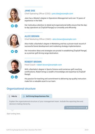 JANE DOE
Chief Operating Officer (COO) - jane.doe@example.com
Jane has a Master's degree in Operations Management and over 10 years of
experience in the field.
Her meticulous attention to detail and organizational skills ensure that the day-
to-day operations at [TopGolf Range] run smoothly and efficiently.
ALICE BROWN
Chief Marketing Officer (CMO) - alice.brown@example.com
Alice holds a Bachelor's degree in Marketing and has a proven track record of
successful brand development and marketing strategy implementation.
Her innovative ideas and strategies are pivotal in establishing [TopGolf Range]
as a premier golf driving range destination.
ROBERT BROWN
Head Coach - robert.brown@example.com
With a Bachelor's degree in Sports Science and numerous golf coaching
certifications, Robert brings a wealth of knowledge and expertise to [TopGolf
Range].
His passion for teaching and commitment to delivering top-quality instruction
make him a valuable asset to our team.
Organizational structure
Start writing here..
Explain the organizational structure of your management team. Include the reporting line and
decision-making hierarchy.
To unlock help try Upmetrics! 
 Help tip  Golf Driving Range Business Plan
Golf Driving Range Business Plan | Business Plan 2023 34/51
 