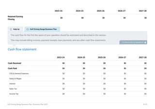 Retained Earning
Closing
$0 $0 $0 $0 $0
2023-24 2024-25 2025-26 2026-27 2027-28
Cash flow statement
Cash Received $0 $0 $0 $0 $0
Cash Paid $0 $0 $0 $0 $0
COS & General Expenses $0 $0 $0 $0 $0
Salary & Wages $0 $0 $0 $0 $0
Interest $0 $0 $0 $0 $0
Sales Tax $0 $0 $0 $0 $0
Income Tax $0 $0 $0 $0 $0
2023-24 2024-25 2025-26 2026-27 2027-28
The cash flow for the first few years of your operation should be estimated and described in this section.
This may include billing invoices, payment receipts, loan payments, and any other cash flow statements.
To unlock help try Upmetrics! 
 Help tip  Golf Driving Range Business Plan
Golf Driving Range Business Plan | Business Plan 2023 41/51
 