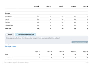 Summary
Starting Cash $0 $0 $0 $0 $0
Cash In $0 $0 $0 $0 $0
Cash Out $0 $0 $0 $0 $0
Change in Cash $0 $0 $0 $0 $0
Ending Cash $0 $0 $0 $0 $0
2023-24 2024-25 2025-26 2026-27 2027-28
Balance sheet
Assets $0 $0 $0 $0 $0
Current Assets $0 $0 $0 $0 $0
2023-24 2024-25 2025-26 2026-27 2027-28
Create a projected balance sheet documenting your golf driving range assets, liabilities, and equity.
To unlock help try Upmetrics! 
 Help tip  Golf Driving Range Business Plan
Golf Driving Range Business Plan | Business Plan 2023 43/51
 