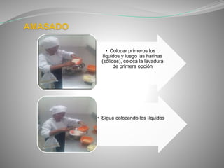 • Colocar primeros los
líquidos y luego las harinas
(sólidos), coloca la levadura
de primera opción
• Sigue colocando los líquidos
 