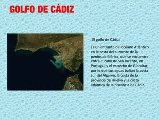 GOLFO DE CÁDIZ
Es un entrante del océano Atlántico 
en la costa del suroeste de la 
península ibérica, que se encuentra 
entre el cabo de San Vicente, en 
Portugal, y el estrecho de Gibraltar, 
por lo que sus aguas bañan la costa 
sur del Algarve, la costa de la 
provincia de Huelva y la costa 
atlántica de la provincia de Cádiz.
El golfo de Cádiz: 
 