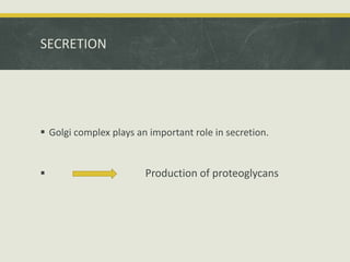 SECRETION
 Golgi complex plays an important role in secretion.
 Production of proteoglycans
 