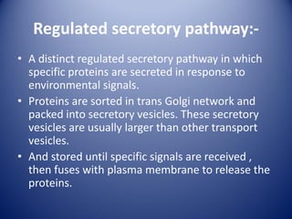 Regulated secretory pathway:-
• A distinct regulated secretory pathway in which
specific proteins are secreted in response to
environmental signals.
• Proteins are sorted in trans Golgi network and
packed into secretory vesicles. These secretory
vesicles are usually larger than other transport
vesicles.
• And stored until specific signals are received ,
then fuses with plasma membrane to release the
proteins.
 